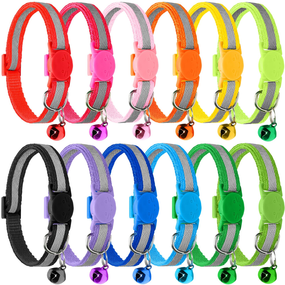 Nearasu 12 Pack Reflective Cat Collars With Bell, Safety Quick Release Breakaway Buckle Cat Collar, Adjustable Collar 19-32Cm (7.5''-12.5'') For All