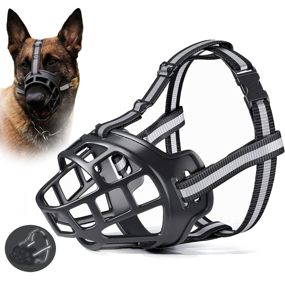 Xtaiqd Black Dog Muzzle For Large Breed Adjustable Dogs Muzzles For Xl Bully Breathable Basket Muzzle,Soft Silicone Basket Muzzles With Reflective