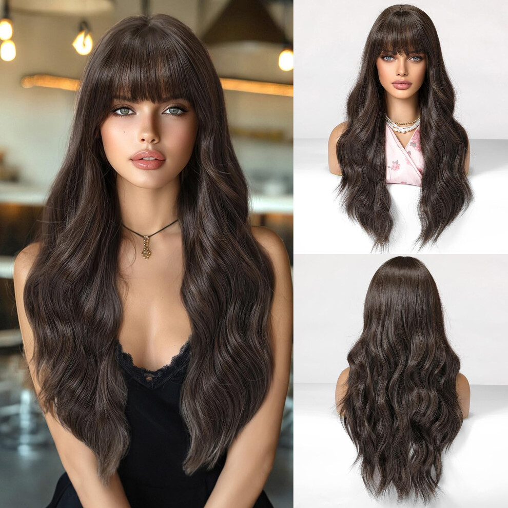 Unisex Black,Brown 26 Inch Long Curly Wig With Bangs, Naturallooking Black Brown Curls For Women