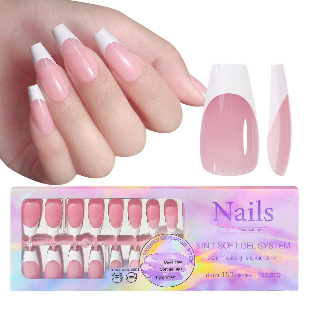 Press On Nails Soft Gel Tips 150pcs PreColored French Style Extensions 14 Sizes LongLasting