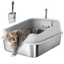 PawHut XXL Cat Litter Tray Stainless Steel, Cat Litter Box High Sided with Metal Litter Scoop, Never Absorbs Odors, Anti Leakage & Easy to Clean, 70