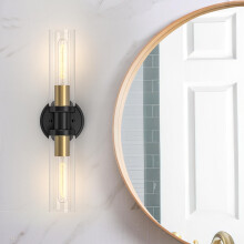 Modern 2Light Black and Gold Bathroom Vanity Light with Clear Glass Shades over Mirror