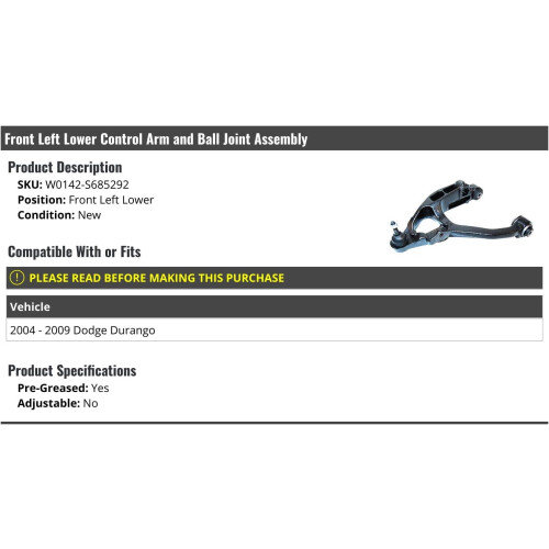 Front Left Lower Control Arm with Ball Joint Assembly for 20042009 Dodge Durango Driver Side Ref: 8848 2