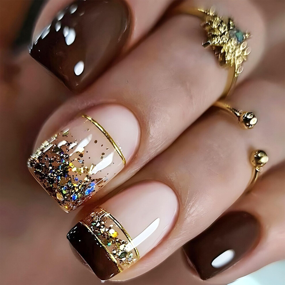 Gold Foil Square Press On Nails Fake Nails Medium Length Reusable French Acrylic False Nails 24pcs