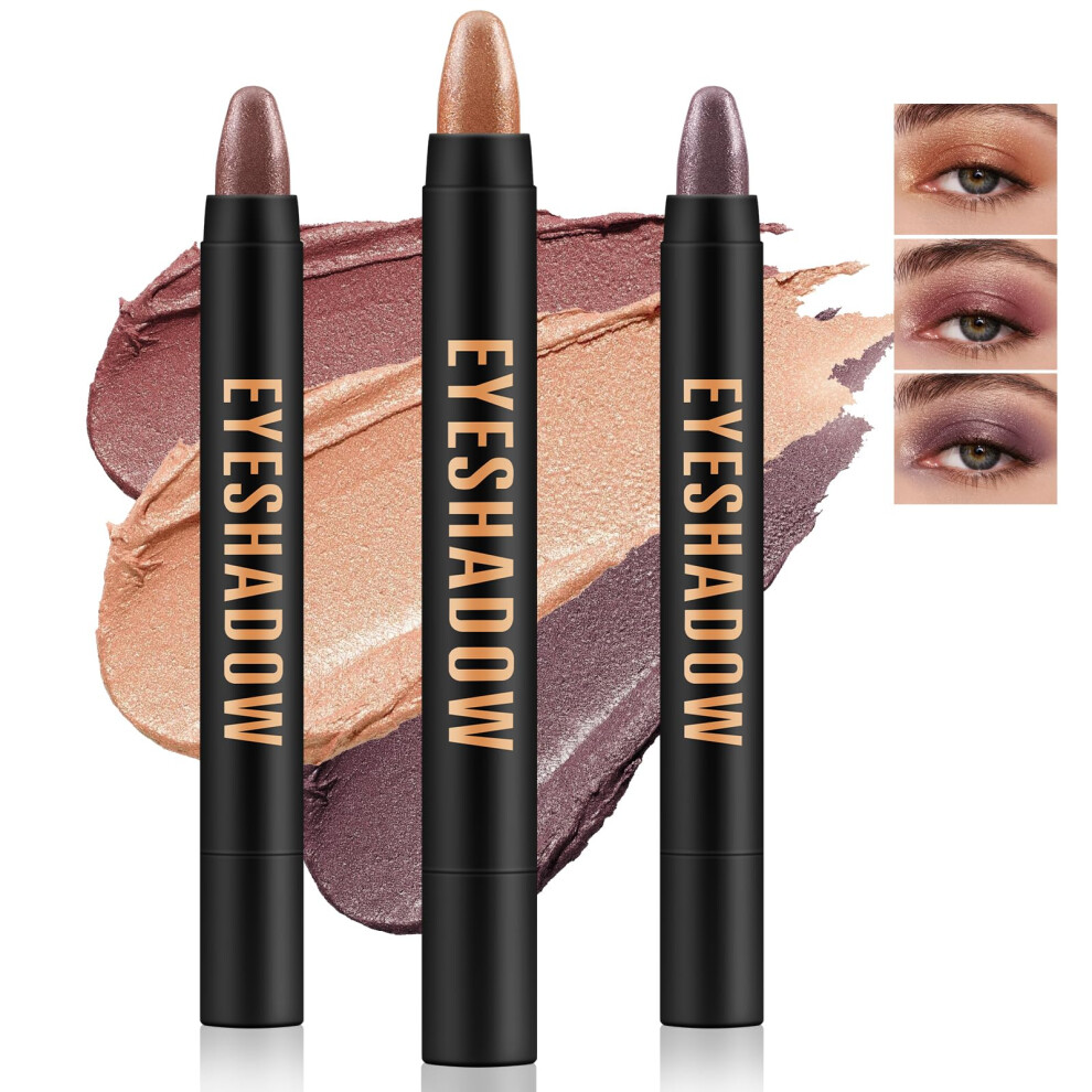 Cream 3Pcs Waterproof Eyeshadow Stick Set, Pigment Shimmer Crayon, Longlasting Eye Makeup