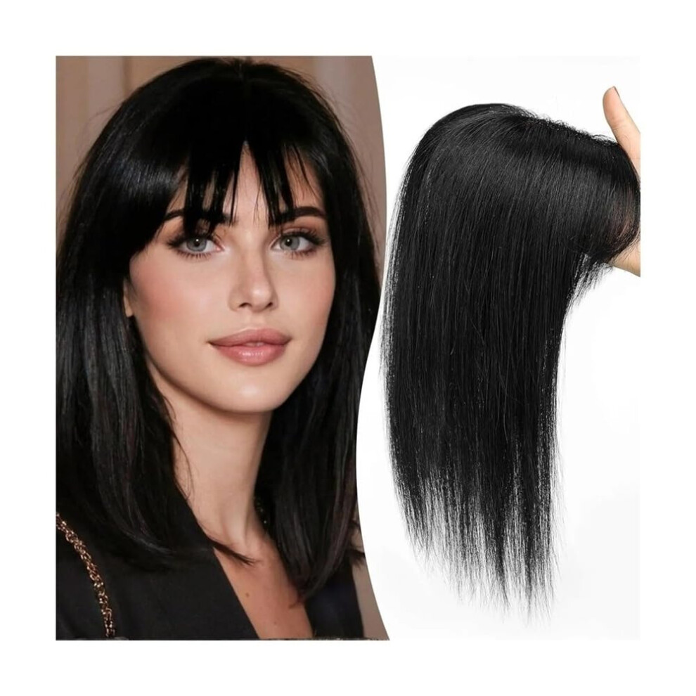 Unisex Black 12 Inch Human Hair Topper With Bangs For Women, 150% Density Mono Lace Base Clip In