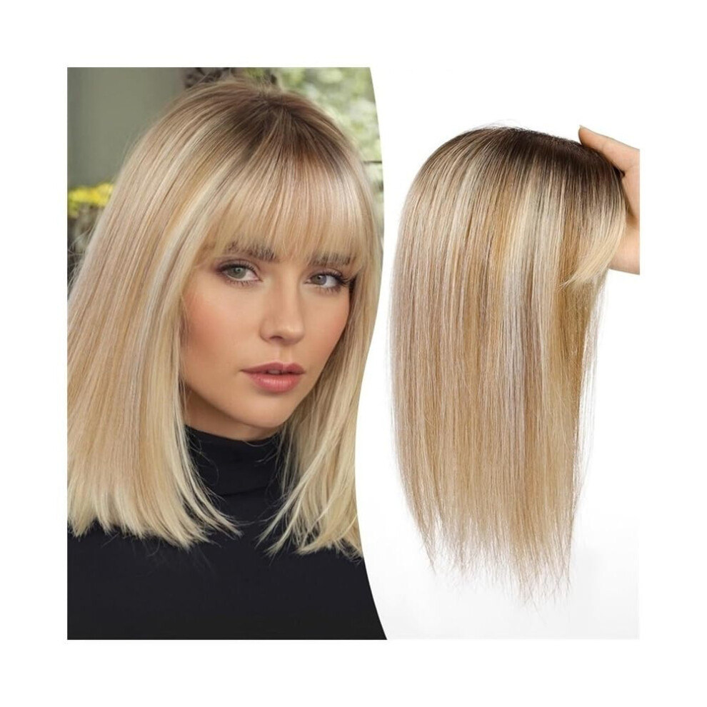 Unisex Brown 12 Inch Human Hair Topper With Bangs Ombre Blonde Lace Base Clip In For Thinning Hair Women