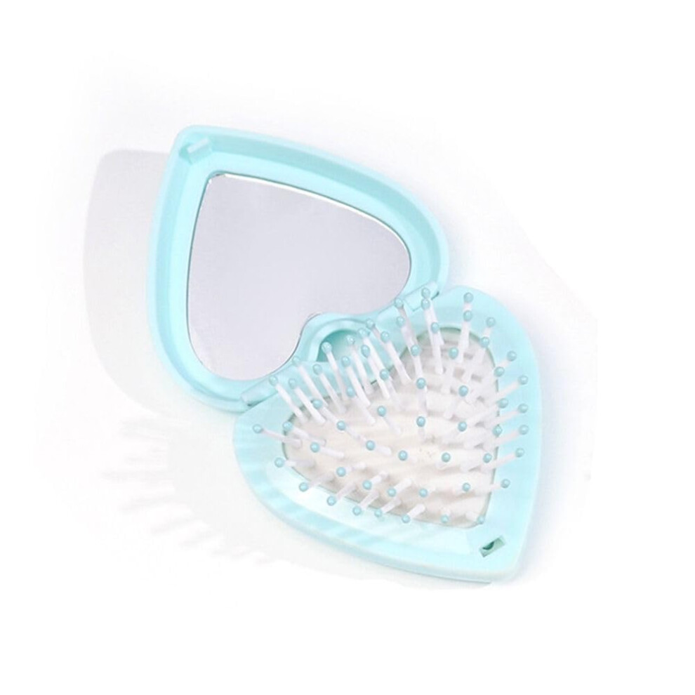 Unisex Blue Heart Shaped Compact Mirror Hair Brush, Folding Travel Cushion Comb For Gentle Detangling,