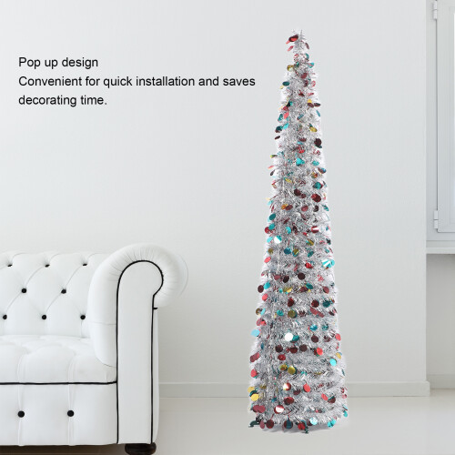 4.9ft Foldable PET Sequin Xmas Tree – Silver Colorful Holiday Decor 2