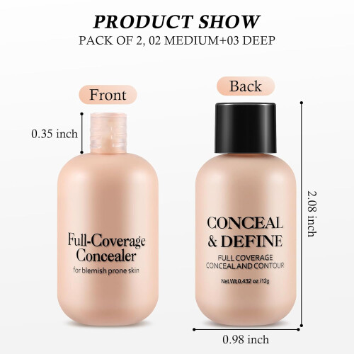 Liquid Concealer Waterproof Full Coverage Matte Finish, LongLasting Lightweight 02 Medium and 03 Deep 2