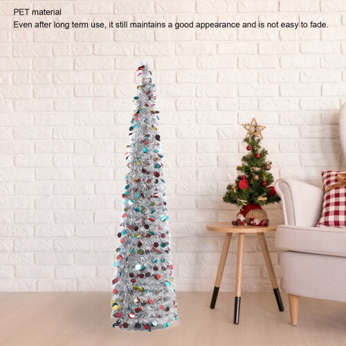 4.9ft Foldable PET Xmas Tree Pop Up Silver Colorful Holiday Decor 2