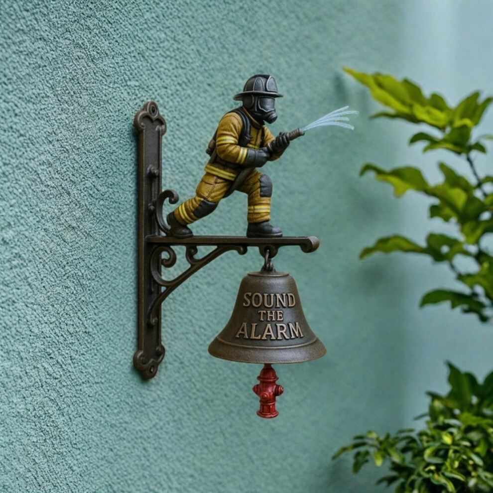 Firefighter Hydrant Wall Bell With Heroic Figurine, Loud Outdoor Doorbell For Patio Or Porch Decor 9092120447958