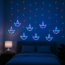 Diwali String Lights Multicolor LED Curtain with 12 Diya, Battery Operated Indoor Outdoor Decor