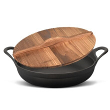 Cast Iron Wok with Wooden Lid, Flat Bottom Non Stick Surface, Dual Handle Stir Fry Pan 28cm
