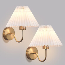 Gold Wall Sconces Set of 2 with Pleated Fabric Shades, Hardwired Gold Light Fixtures for Bedroom, Bathroom, Living Room