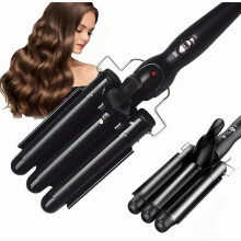 Three Barrel Curling Iron with Tourmaline Ceramic Coating, Fast Heating 60s Hair Waver, Black