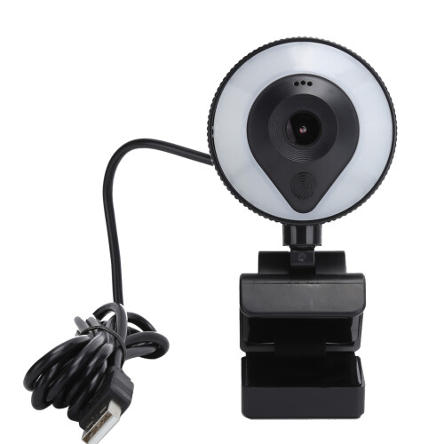 Webcam com foco automático rápido e preciso, microfones duplos com cancelamento de ruído, luz de preenchimento circular ajustável de alta