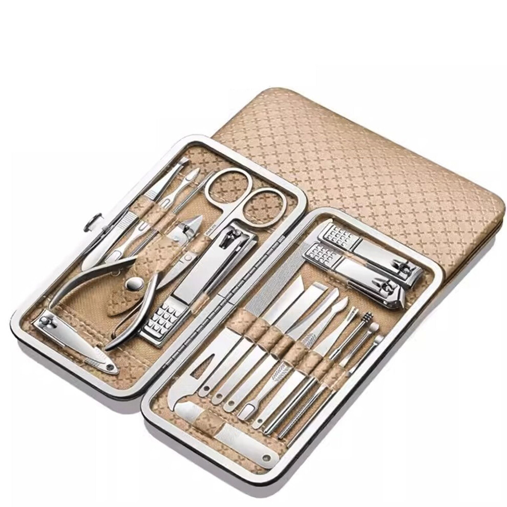 Gold Manicure Pedicure Set 19Pcs Stainless Steel Nail Clippers Kit With Leather Travel Case