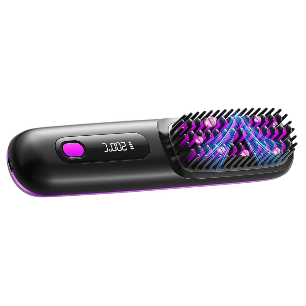 Black Cordless Hair Straightener Brush With Ceramic Heat Protection And Led Display For Travel