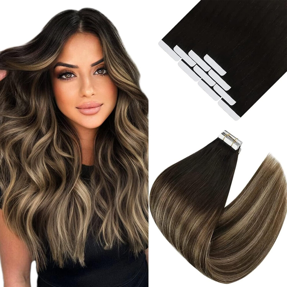 Unisex Black,Brown Tape In Hair Extensions Remy Ombre Human Hair Black To Ash Brown Balayage 14 Inch Seamless Blend