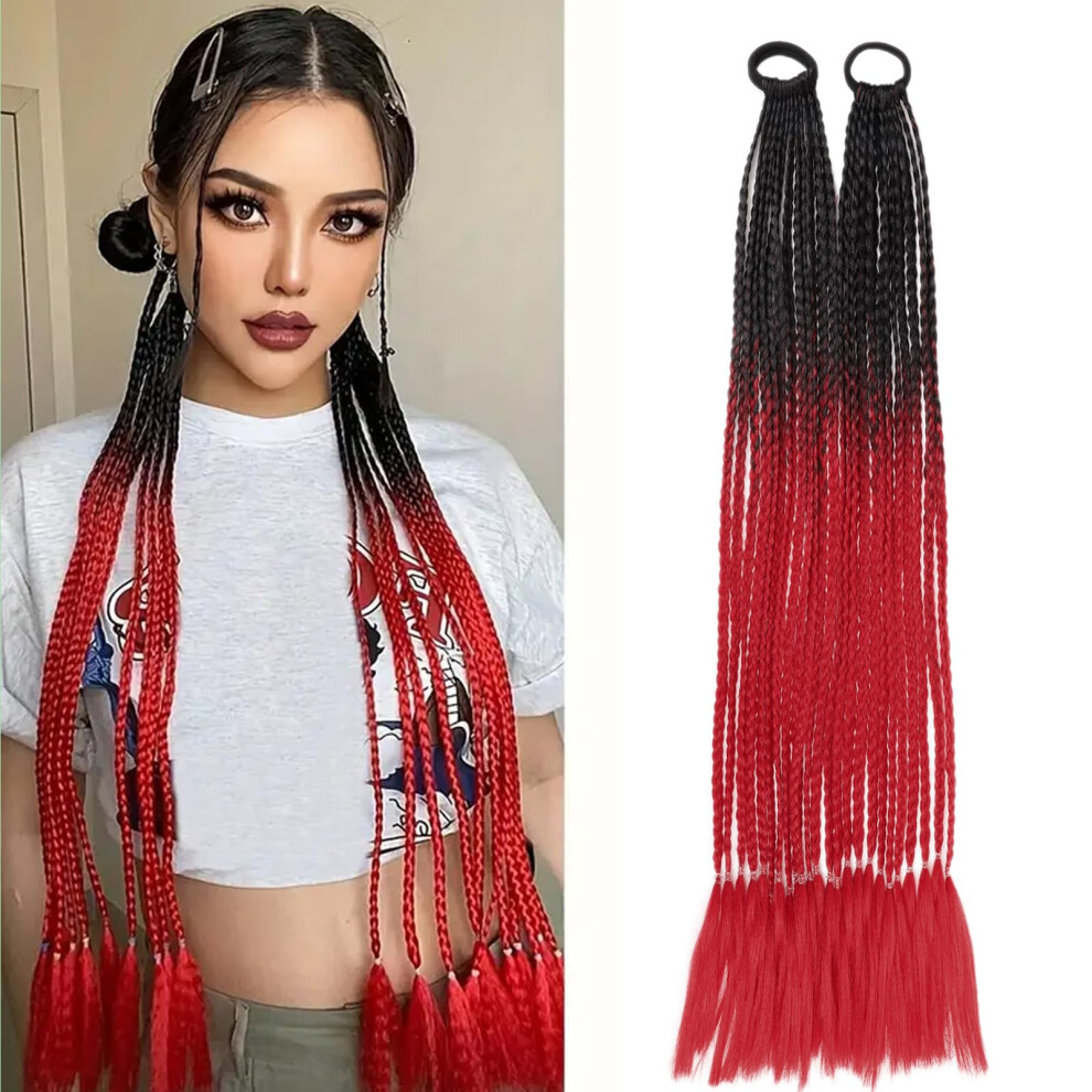 Braided Ponytail Extension 24 Inch Rainbow Black Red Synthetic Hair Braids for Women and Kids