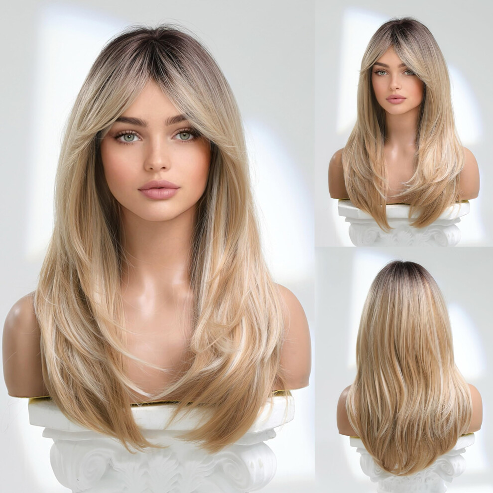 Unisex Dark Blonde Ombre Wig Long 24 Inch Synthetic With Bangs Heat Resistant Fiber And Roots
