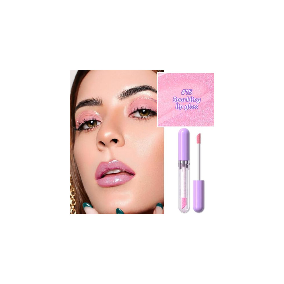 Lip Gloss Cherry Pink Waterproof  Pigment Diamond Glitter Long Lasting Shiny Lipstick 15#