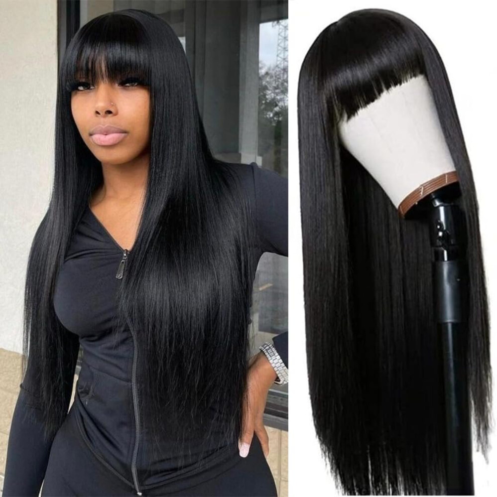 Brazilian Virgin Human Hair Wig with Bangs 24 Inch Straight 180% Density Glueless Natural Black