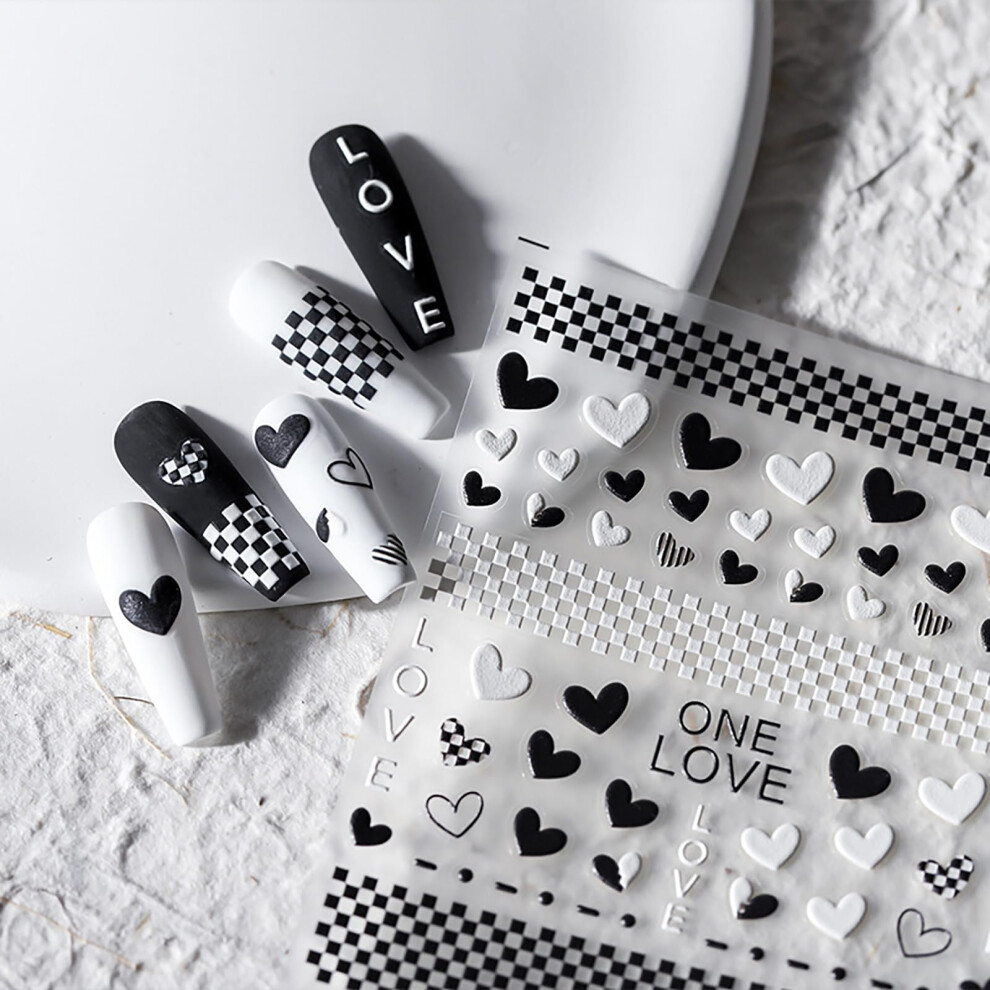 Black Valentine's Day 5D Embossed Heart Nail Stickers, Selfadhesive Romantic Nail Art Decals,