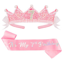 7th Birthday Crown and Sash Set for Girls, Glitter Pink Princess Tiara with Shiny Number 7