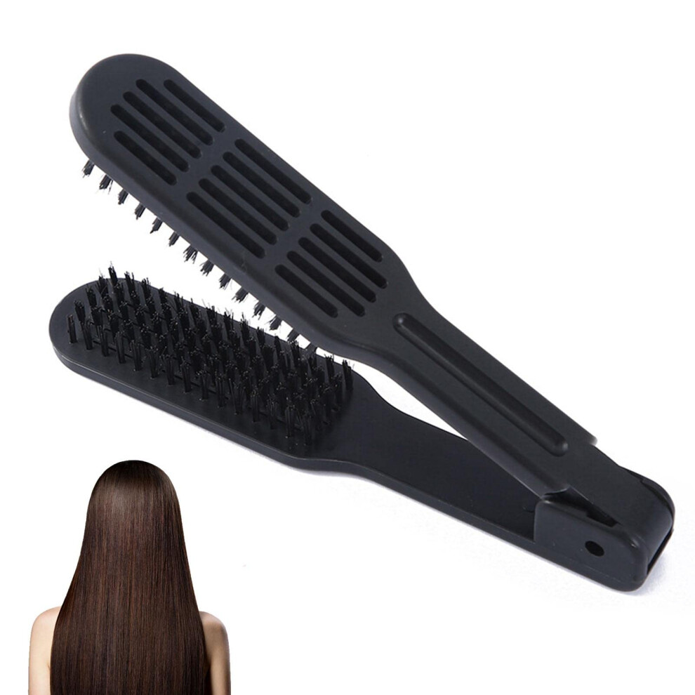 Double Sided Boar Bristle Hair Brush Hair Straightening Comb with Clamp for Styling and Smoothing Black