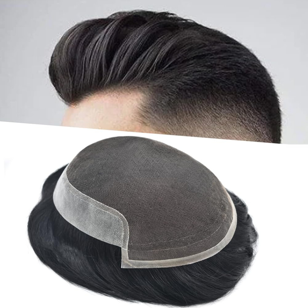 Unisex Black Men's French Lace Toupee Human Hairpiece With Undetectable Hairline 7X9 Medium Light Density Jet