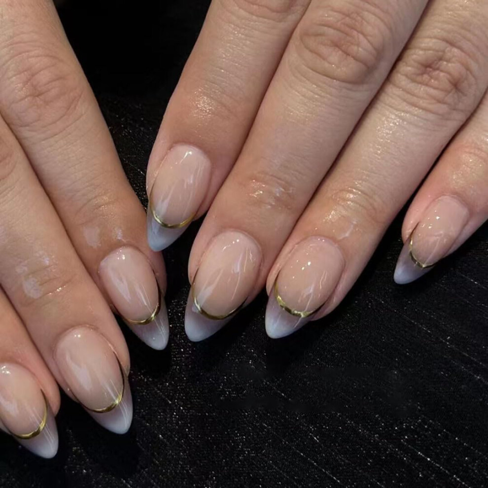 Gold Medium Almond Press On Nails Ombre Acrylic Fake Nails With Gradient Design Reusable Set 24Pcs