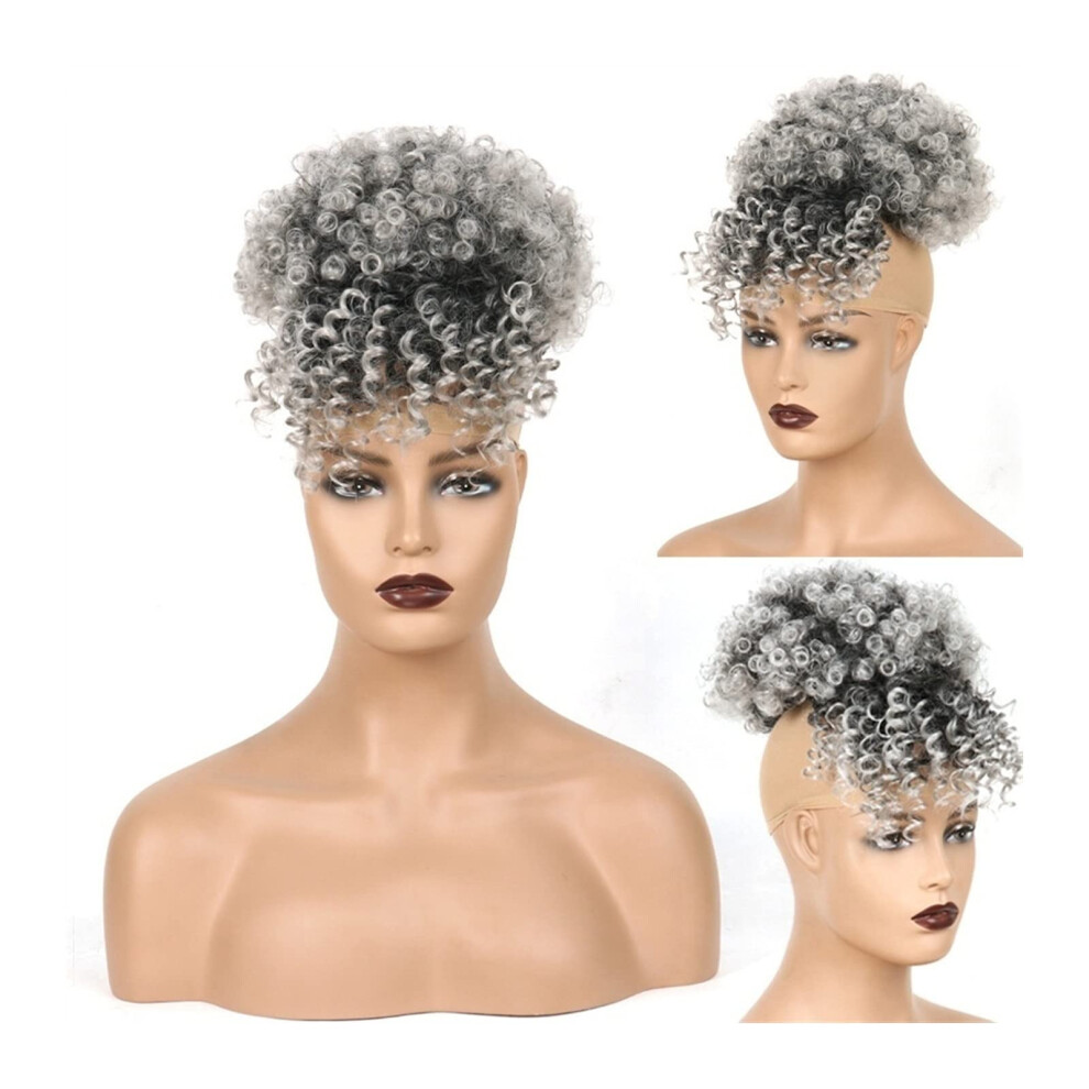 Afro Puff Drawstring Ponytail with Bangs, Synthetic Curly Hair Bun Extension for Black Women