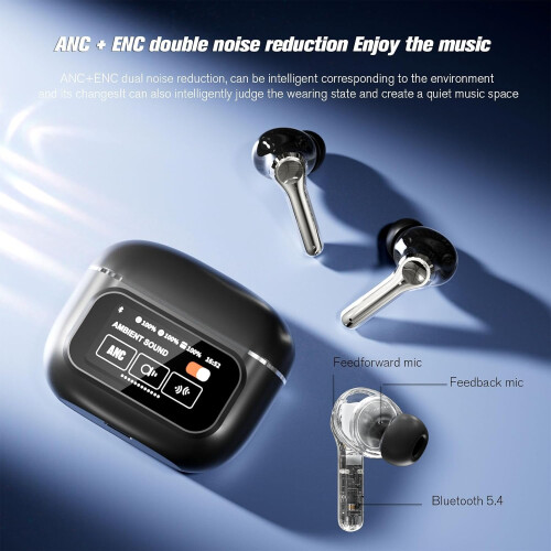 Touch Screen Bluetooth Earbuds with Active Noise Cancelling, 57H Playtime, Transparency Mode, Black 1