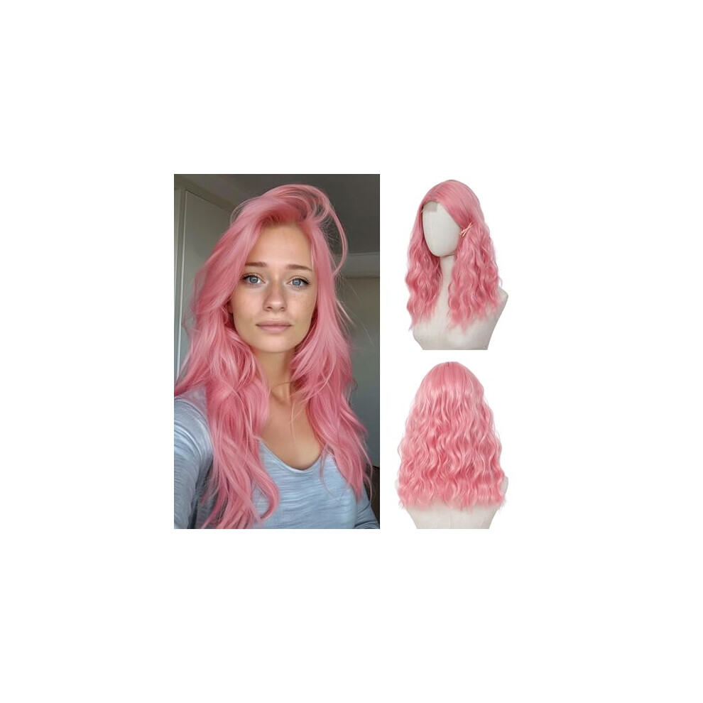 Unisex 18 Inch Wavy Synthetic Wigs For Women, Heat Resistant Middle Part With Realistic Hairline, Rosy Glow