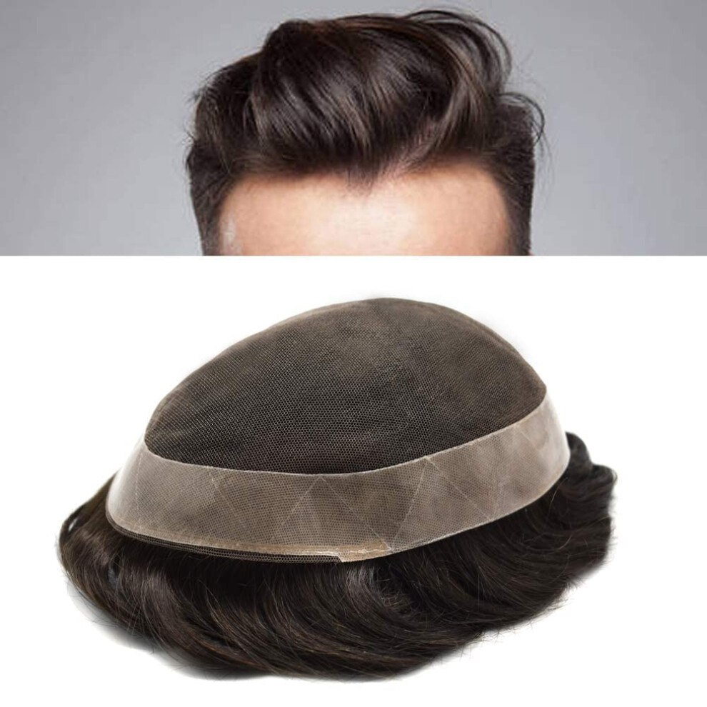 Unisex Brown,Grey Mens Hair Toupee Human Hair Lace Wig With Undetectable Hairline 7X9 Dark Brown 10% Grey