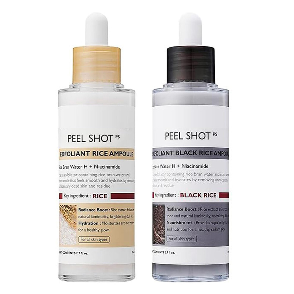 White/Black Facial Serum Duo With Niacinamide And Hyaluronic Acid, And Rice Exfoliating Ampoule Set