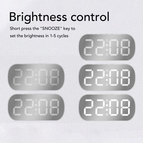 Mirror LED Alarm Clock, White, 5-Level Brightness 2