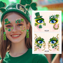 Sparkling St. Patrick's Day Face Stickers and Eye Tattoos with Green Clover Festive Designs