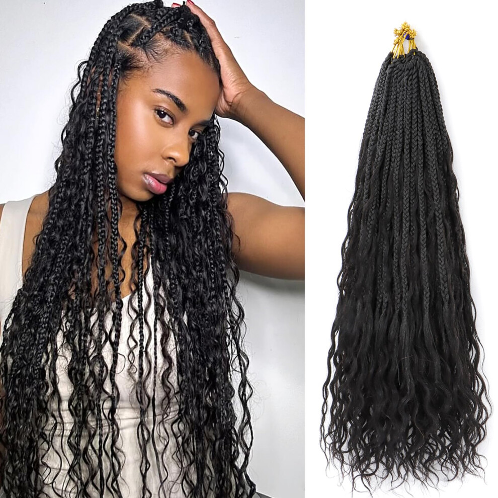 Unisex 24 Inch Boho Crochet Box Braids With Natural Human Hair Curls Prelooped Goddess Braids Extensions 1B 8 Packs