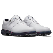 (UK 10.5, White/Pink/Navy) Footjoy Mens Premiere Series Spiked Leather Waterproof Golf Shoes