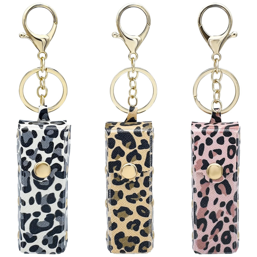 3PCS Leopard Print Lipstick Holder Keychain PU Leather Lip Balm Organizer for Purse