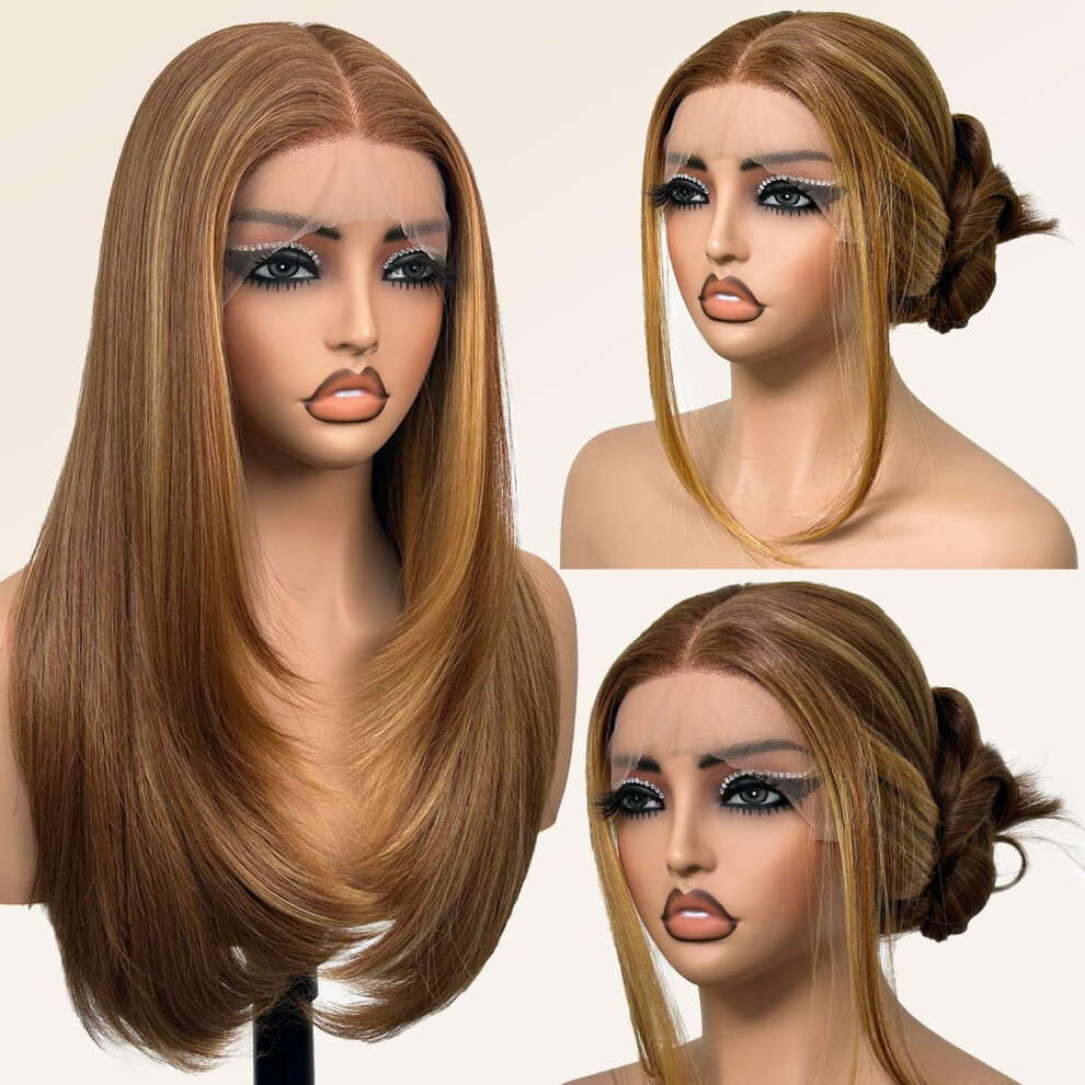 Unisex Black Synthetic Lace Front Wig 26 Inch Honey Blonde Glueless Hd Pre Plucked Hairline For Women