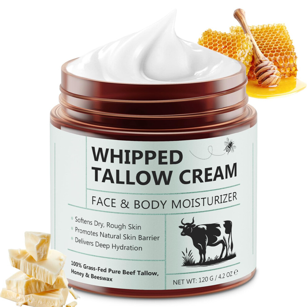 Grass Fed Beef Tallow Balm with Honey and Beeswax for Deep Hydration and Redness Relief 4.2oz
