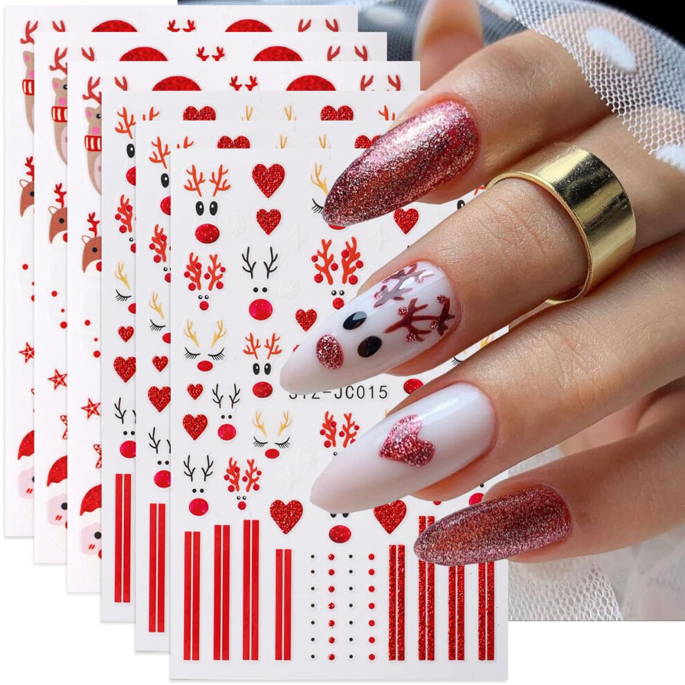 Christmas Nail Stickers 3D SelfAdhesive Holiday Nail Decals with Elk Heart Star Patterns 6PCS