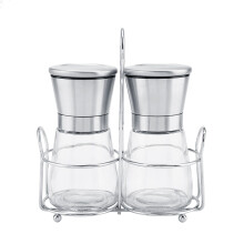Premium Salt And Pepper Grinder Set Of Two Stainless Steel Stand Adjustable Grind Settings Manual Ceramic Grinding Core Durable Glass Refillable
