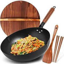 13 Inch Carbon Steel Wok with Wooden Lid, 5 Piece Flat Bottom Chinese Wok Pan for All Stoves
