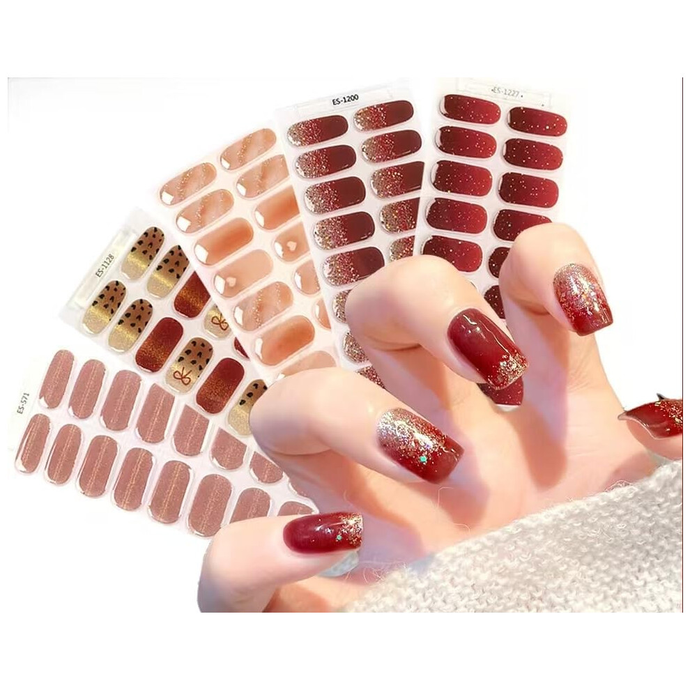 20pcs Glitter Press On Nails Set with Gel Polish, Matte and Glossy Red Reusable Fake Nails
