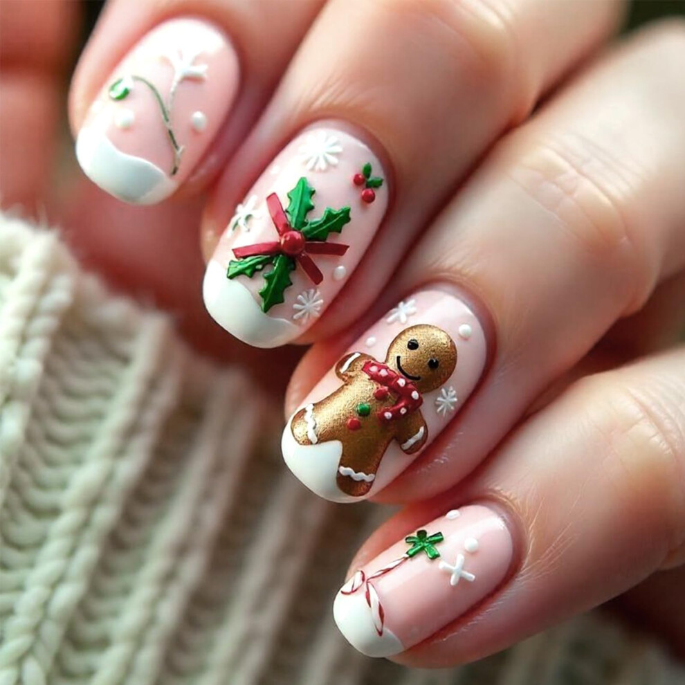 Christmas Press On Nails Set Medium Square Holiday French Fake Nails with Festive Gingerbread Designs 24Pcs